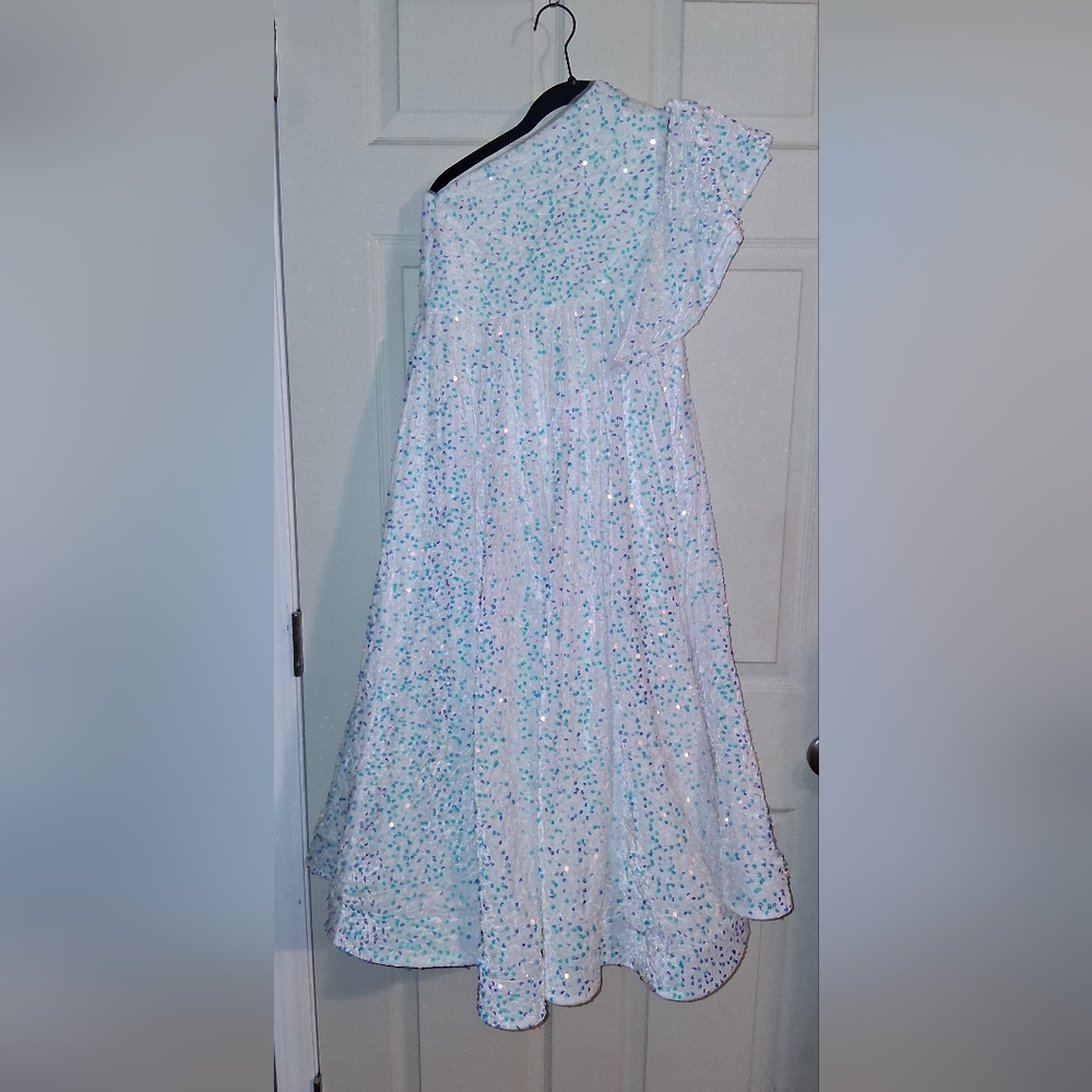 White Velvet One Shoulder A-Line Sequin Pagean Dress With Lace Up Corset Back